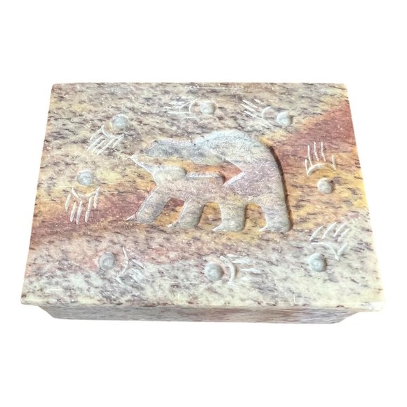 Handcrafted Stone Trinket Box With Bear, Paw Print Design Rectangular Multicolor - Picture 1 of 7